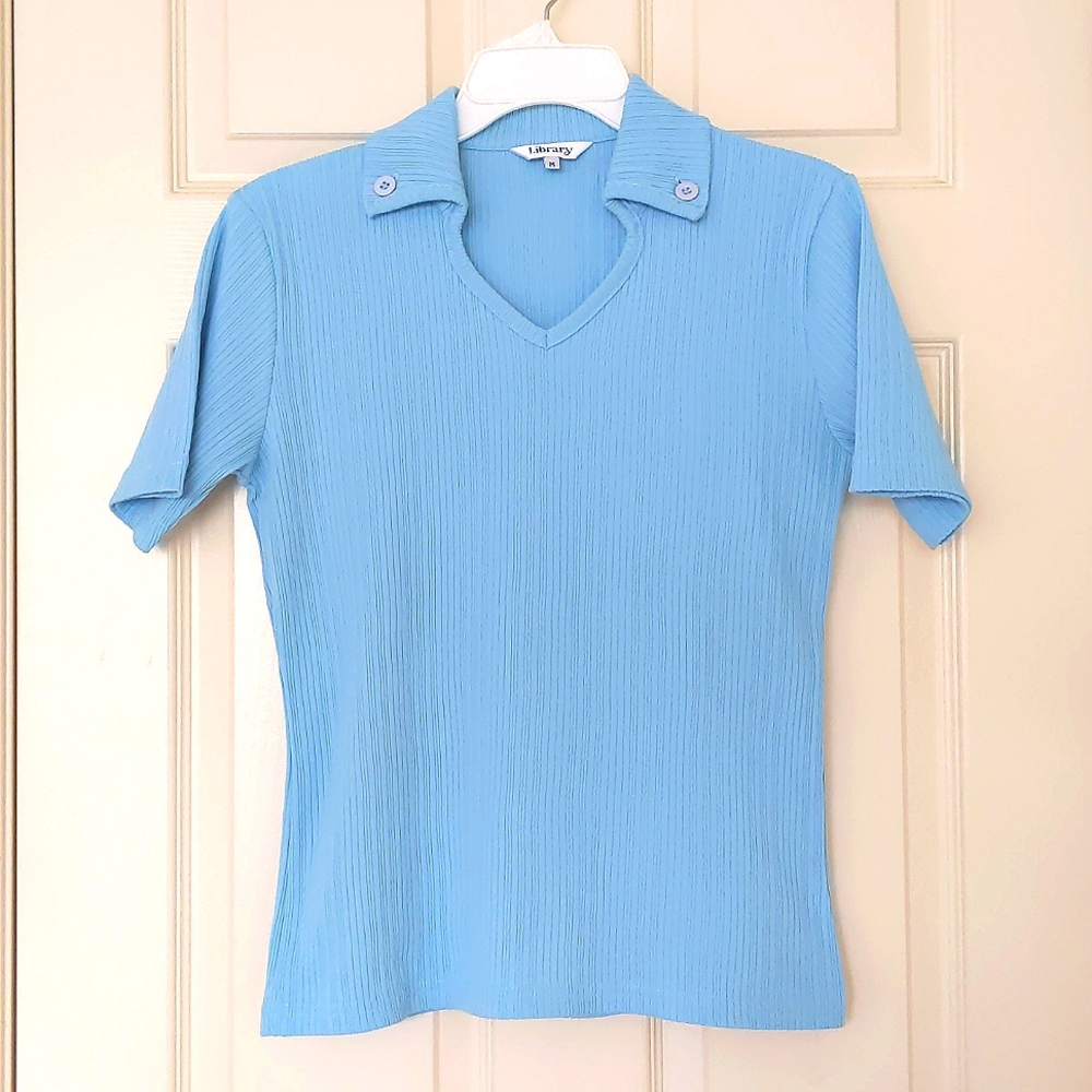 NWOT. Blue Stretchable Short Sleeve Top with stripes.